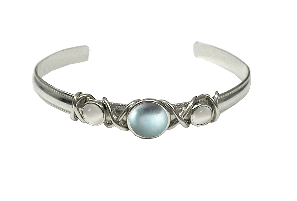 Sterling Silver Hand Made Cuff Bracelet With Blue Topaz And White Moonstone